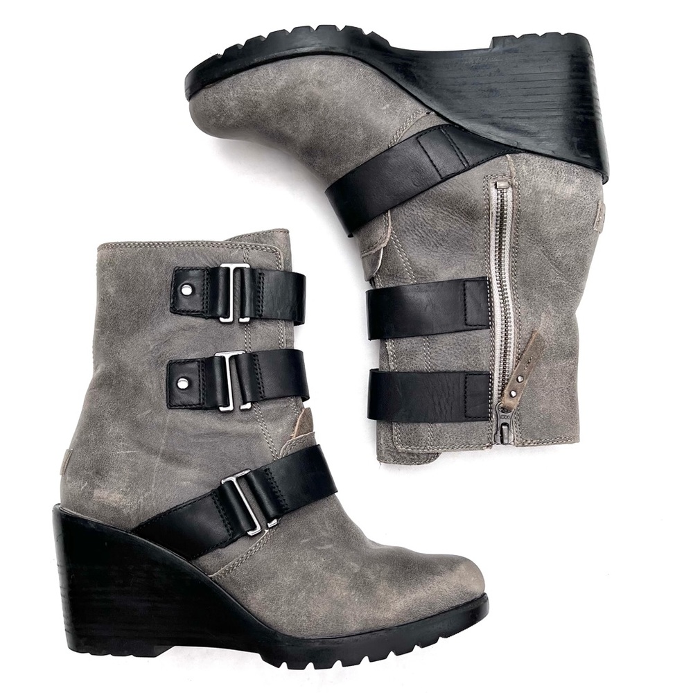 Sorel "After Hours" Gray and Black Wedge Moto Boots 8.5